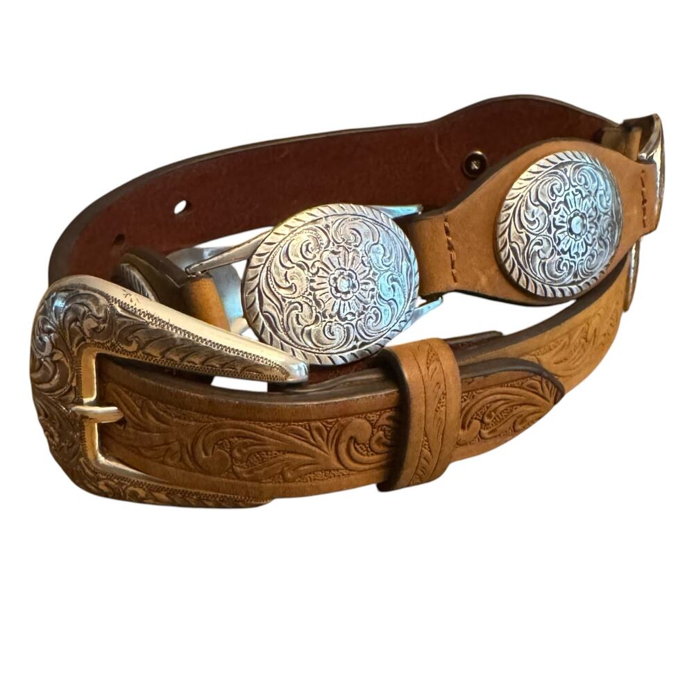 Nocona Belt Co Brown Genuine Leather Floral Concho Tooled Western Belt VTG
